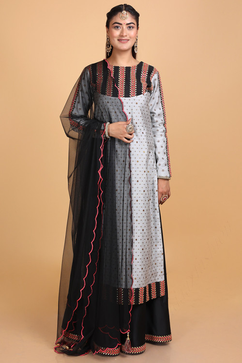 Woven Embroidered Silk Grey Trouser Suit for Eid