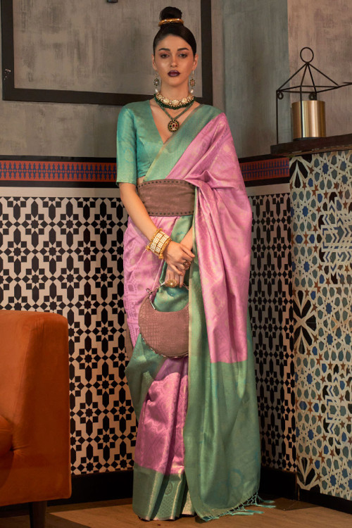Woven Embroidered Silk Saree in pink.