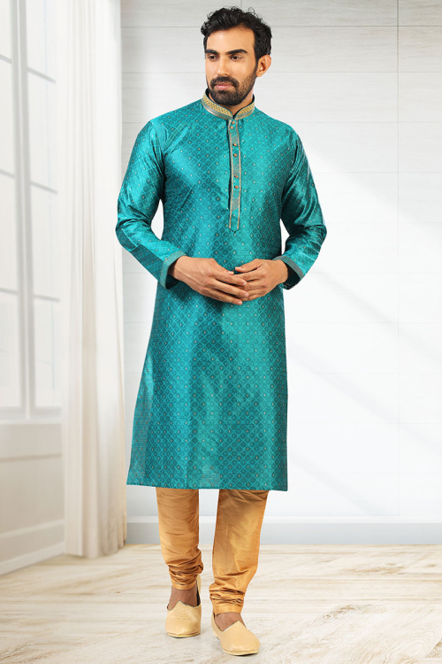 Woven Jacquard Blue Kurta Pajama