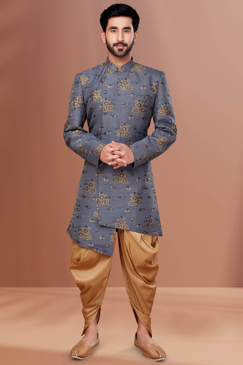Woven Jacquard Bluish Grey Men's Sherwani
