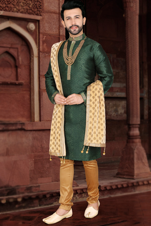 Woven Jacquard Bottle Green Men Kurta Pajama