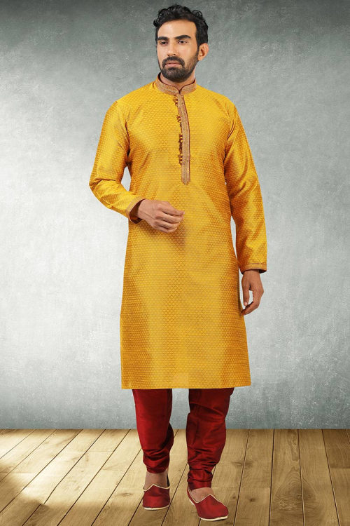 Mustard Yellow Traditional Jacquard Men Kurta Pajama for Party 