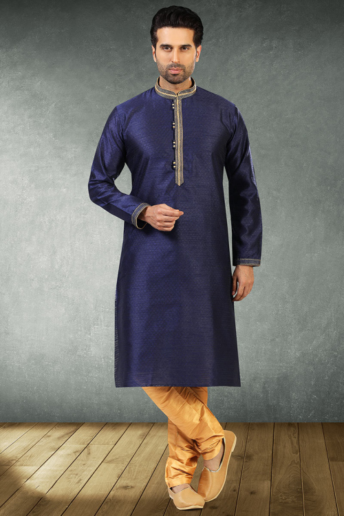 Woven Jacquard Navy Blue Men Kurta Pajama