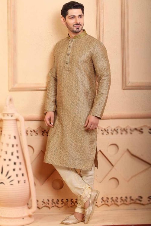 Woven Jacquard Oat Beige Men Kurta Pajama