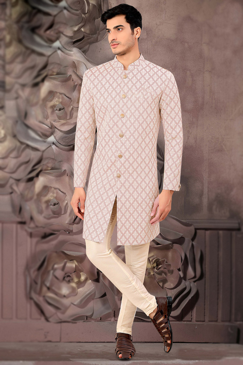 Woven Jacquard Pale Pink Men Sherwani