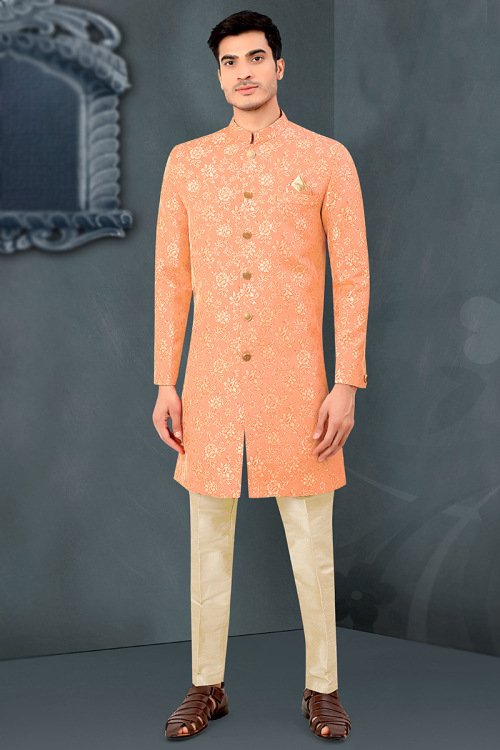 Woven Jacquard Peach Men Sherwani