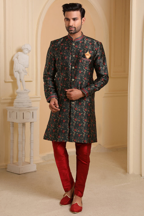 Woven Jacquard Salamander Green Men Sherwani