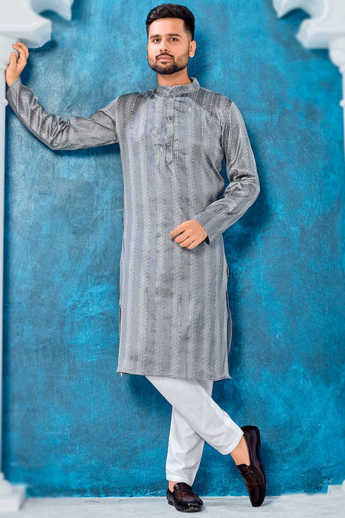Woven Jacquard Silk Steel Grey Men Kurta Pajama