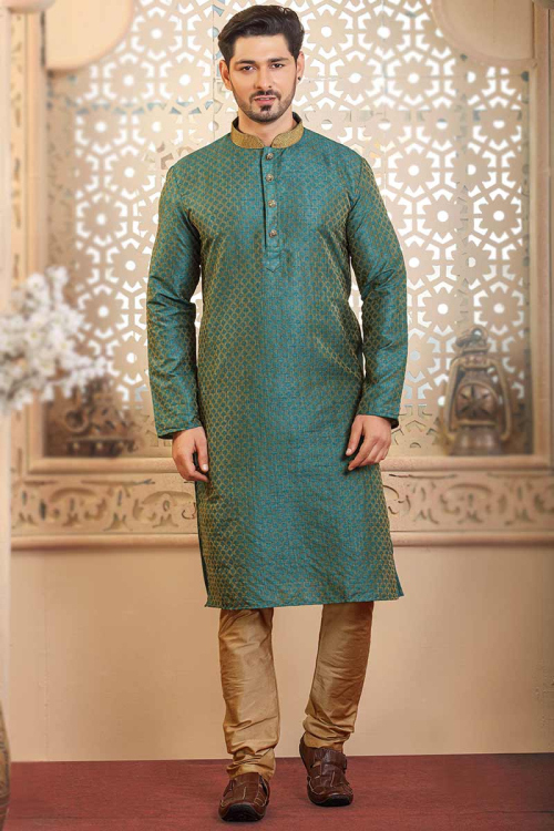 Woven Jacquard Teal Green Men Kurta Pajama