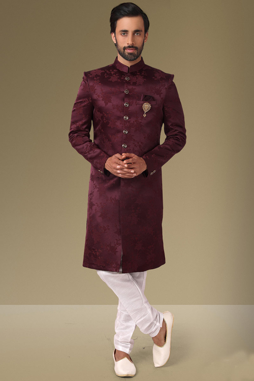 Woven Jacquard Wine Maroon Men Sherwani
