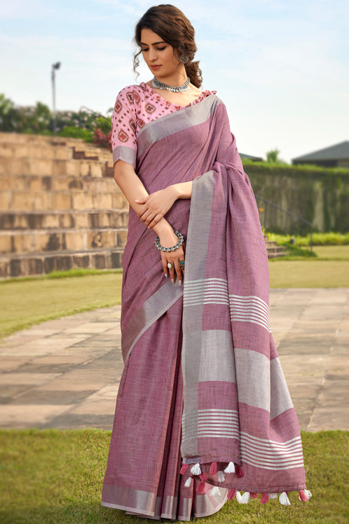 Linen Saree in Mauve Pink colour for Party 