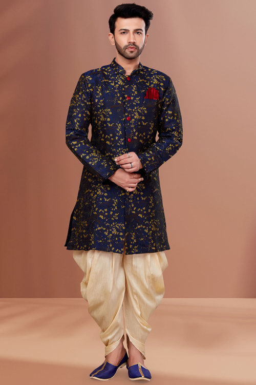 Sangeet Weaved Thread Work Navy Blue Men Sherwani in Jacquard