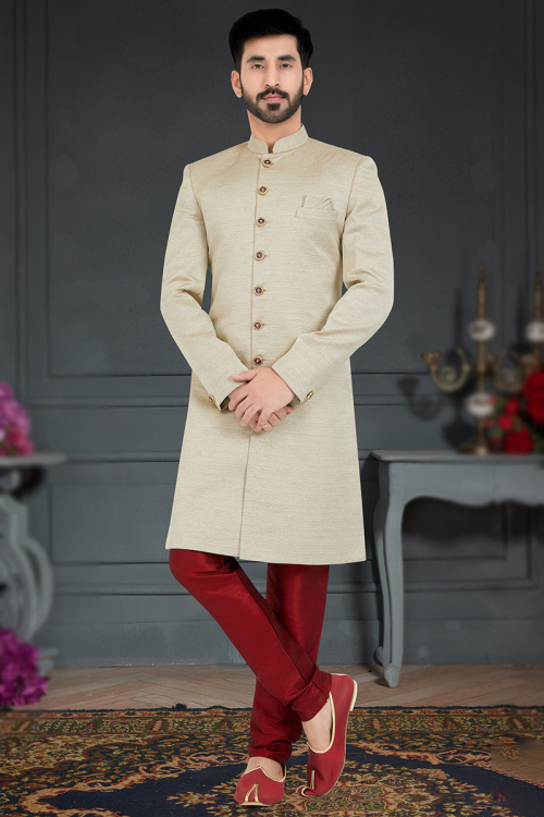 Woven Raw Silk Light Beige Men's Sherwani