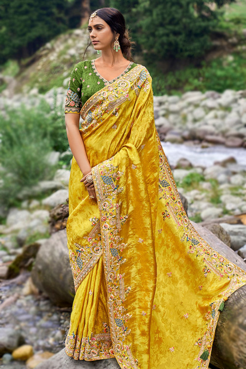 Buy Yellow & White Colour Soft Silk Cut Work Saree With Heavy Work Blouse  Peice ,saree for Bride, Party Wear Saree Sabya Sachi Insparied Saree Online  in India - Etsy