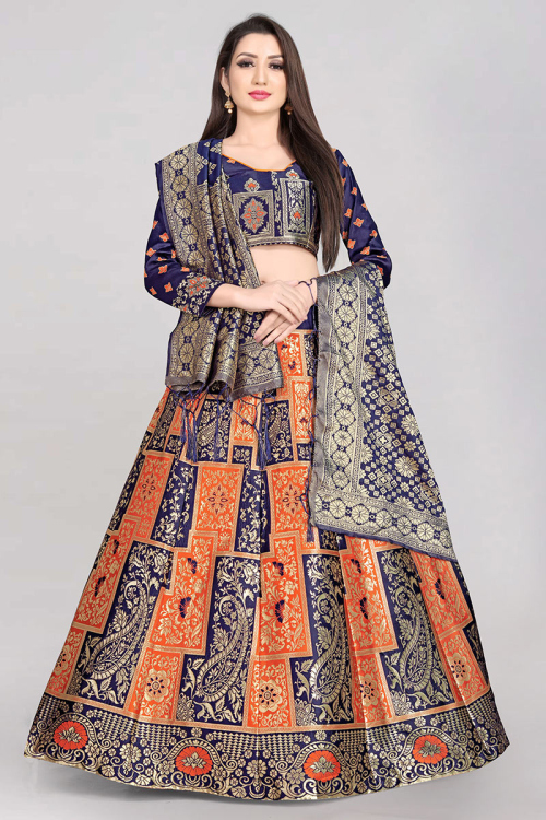 Woven Silk Orange Lehenga