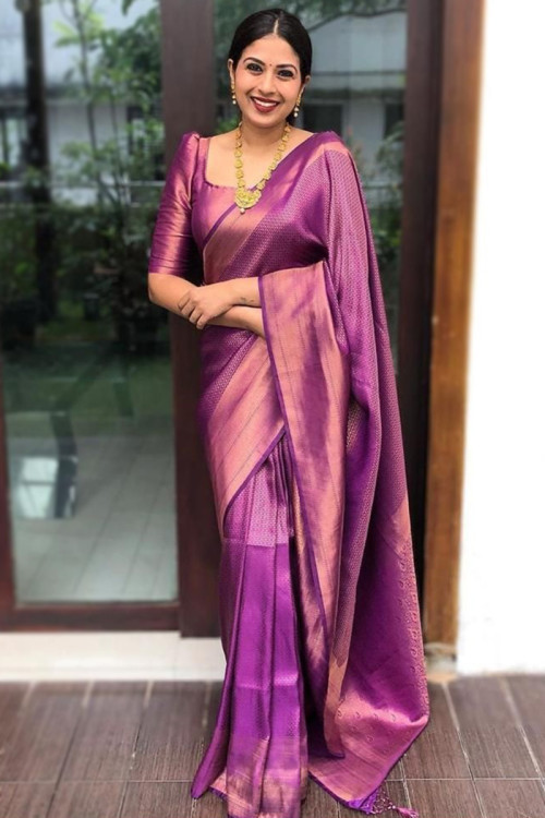 Purple Color Saree With Red Brocade Blouse Banarasi Beautiful Zari Wor –  garment villa