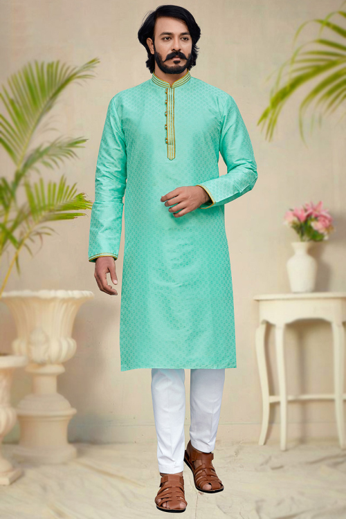 Woven Silk Turquoise Green Men Kurta Pajama