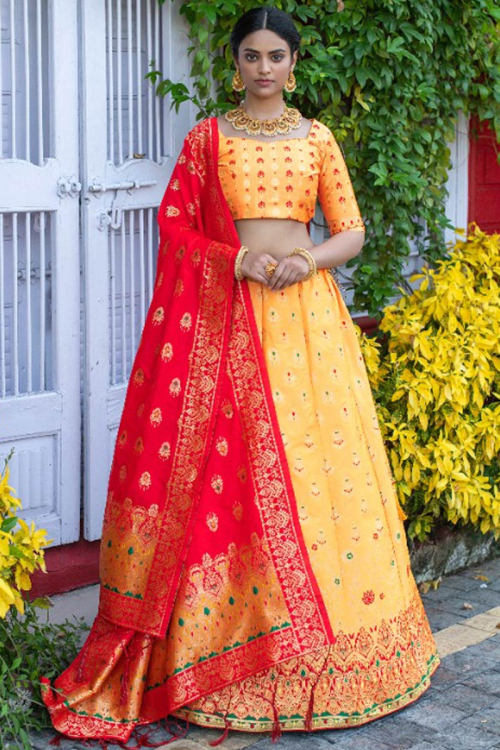 Woven Zari Silk Yellow Indian Wear Lehenga