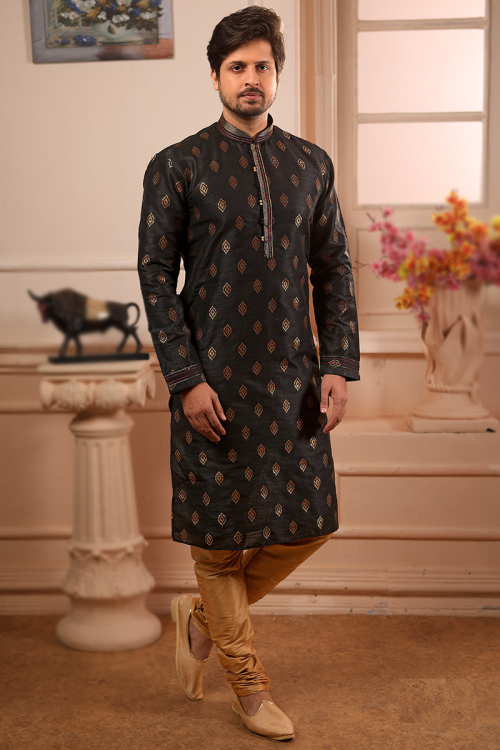 Woven Zari Art Silk Black Straight Cut Men's Kurta Churidar 