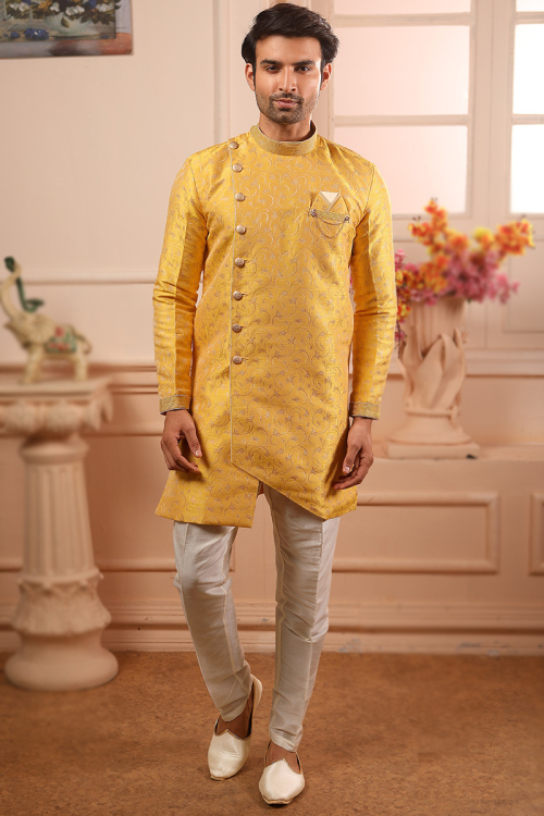 Woven Zari Art Silk Mustard Yellow Assymetrical Men's Sherwani