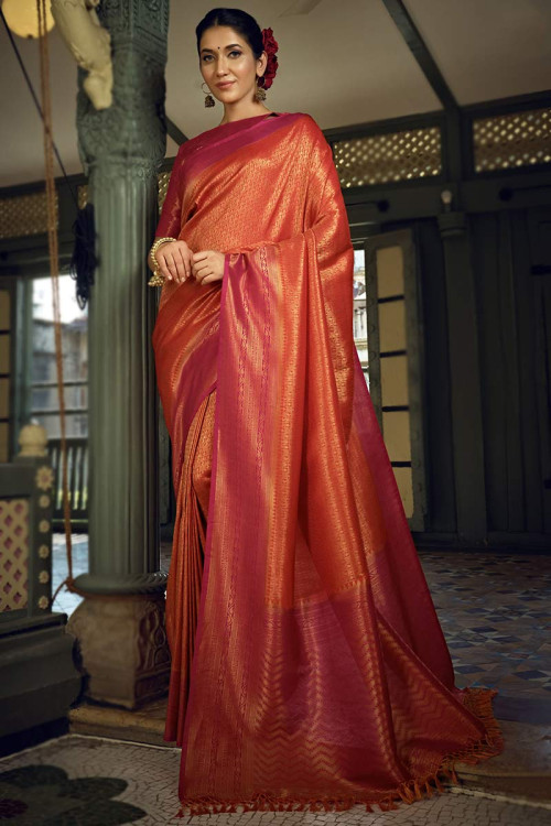 Woven Art Silk Saree in Peach  Peach color saree, Silk sarees online  shopping, Orange saree