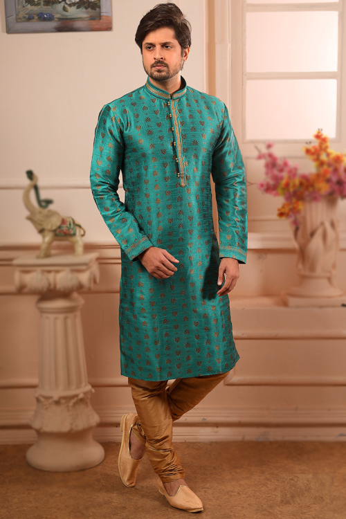 Woven Zari Art Silk Persian Green Straight Cut Men's Kurta Churidar