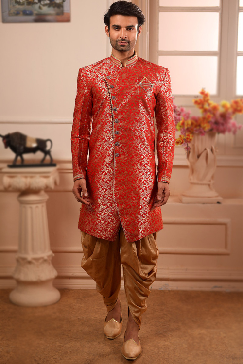 Woven Zari Art Silk Red Assymetrical Men's Sherwani