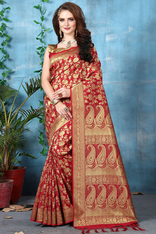 Woven Zari Art Silk Red Bridal Banarasi Saree