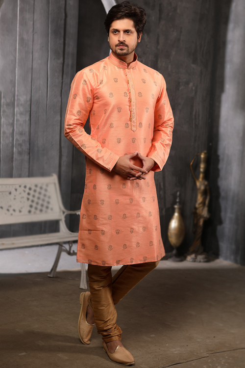 Woven Zari Art Silk Salmon Orange Straight Cut Men's Kurta Churidar