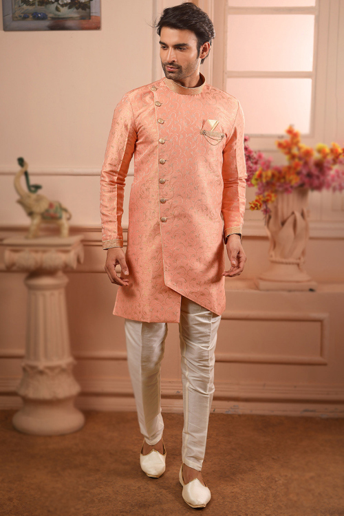Woven Zari Art Silk Salmon Peach Assymetrical Men's Sherwani