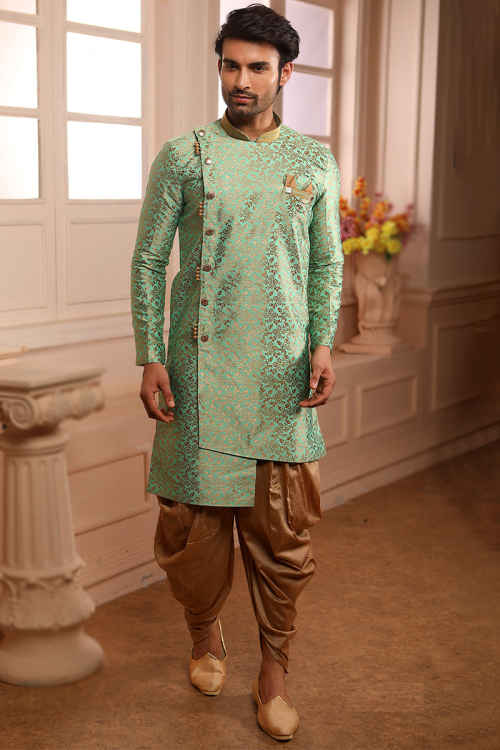 Woven Zari Art Silk Seafoam Green Assymetrical Men's Sherwani 