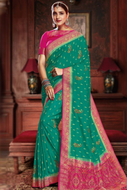 Art Silk Teal Green Weaved Thread Embroidered Wedding Wear Saree