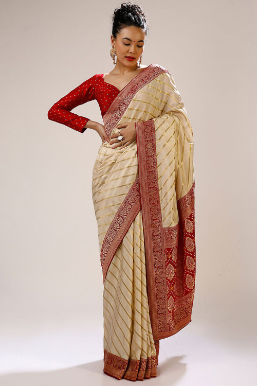 Half N Half Art Silk Saree in Cream and Red : SEH4458