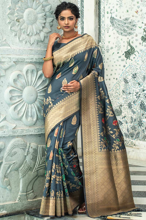 Saree in Charcoal Grey Banarasi Silk for Party Wear with Zari Work
