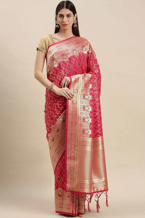 Dark Pink Banarasi Silk Saree for Party Wear with Zari embroidery