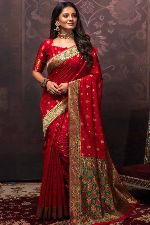 Buy Reception Wear Red Banarasi silk Weaving Work Saree Online