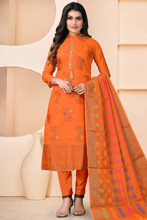 Weaved Thread Work Party Wear Trouser Suit in Orange Banarasi Silk