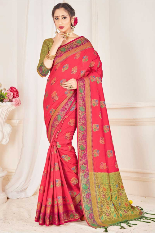 Woven Zari Banarasi Silk Pink Indian Wedding Wear Saree