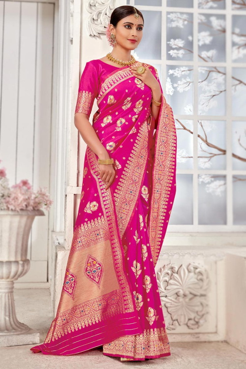 Banarasi Silk Saree in Rani Pink colour with Zari Work for Party 