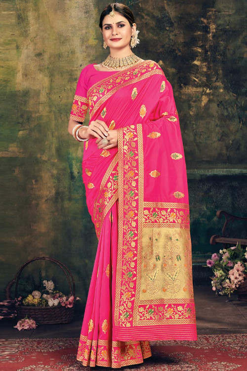 Woven Zari Banarasi Silk Rani Pink Traditional Saree