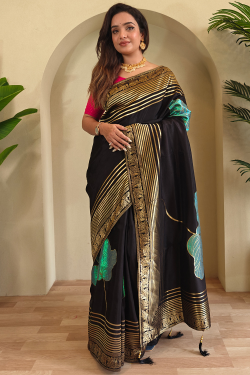 Woven Zari Black Silk Blend Traditional Saree 
