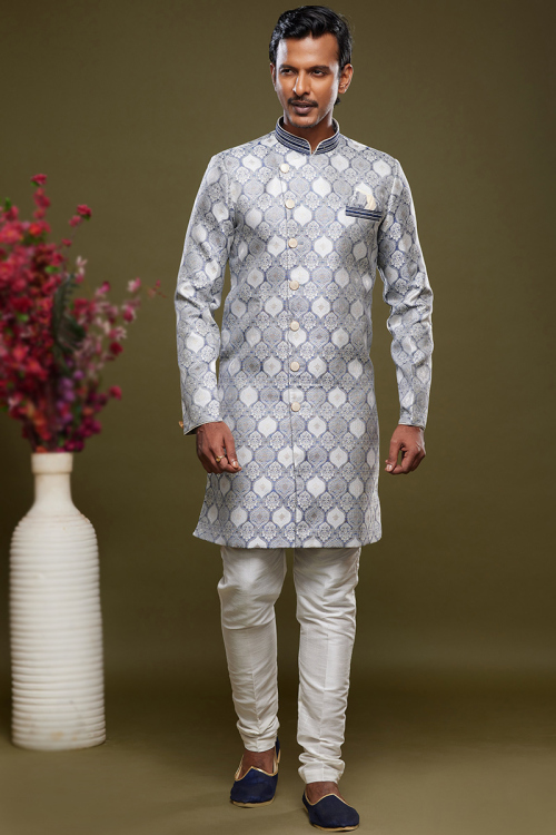 Woven Zari Bluish Grey Jacquard Straight Cut Men's Sherwani