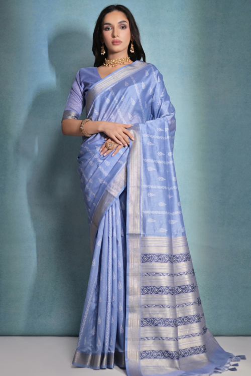 Woven Zari Bluish Grey Raw Silk Broad Border Saree