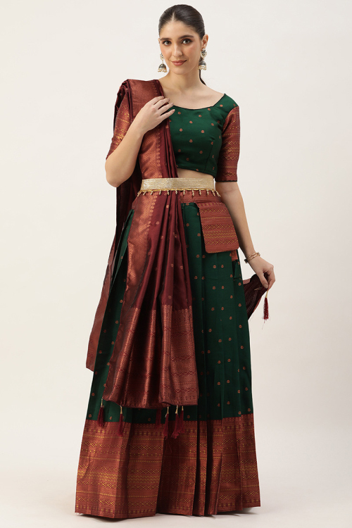 Woven Zari Bottle Green Silk Pleated Lehenga 