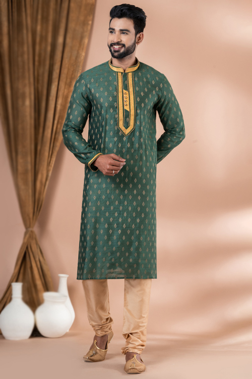 Woven Zari Bottle Green Straight Cut Silk Men's Kurta With Churidar