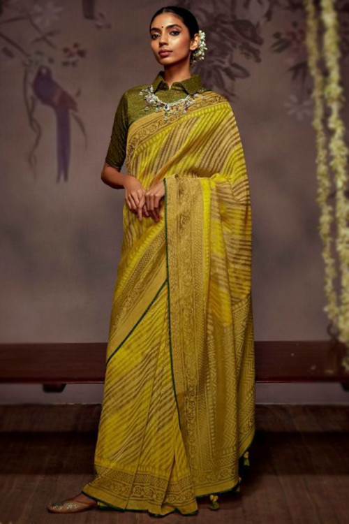 Traditional Saree in Brasso Mustard Yellow for Party 