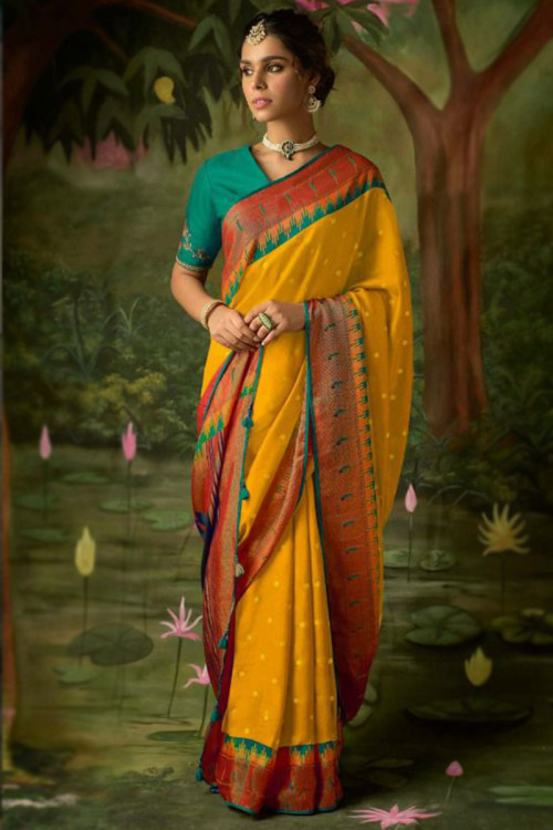 Woven Saree in Brasso Mustard Yellow for Party 