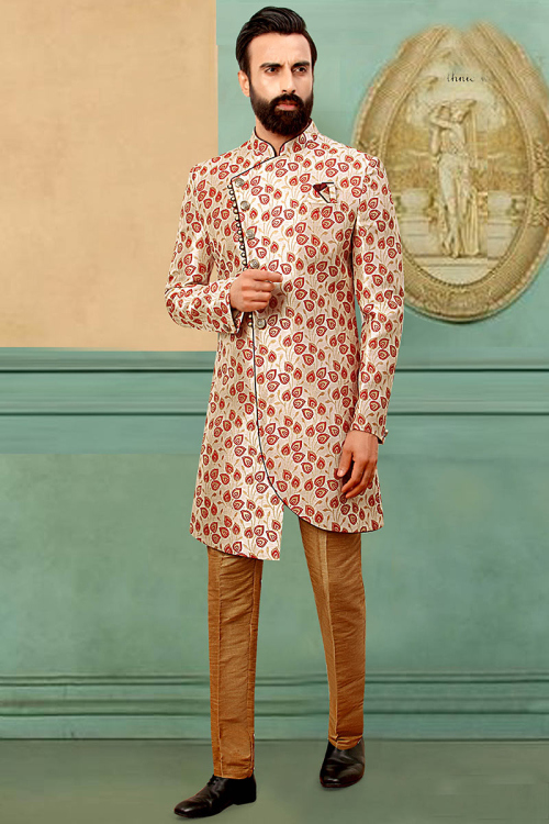 Woven Zari Brocade Dusty Beige Men's Sherwani