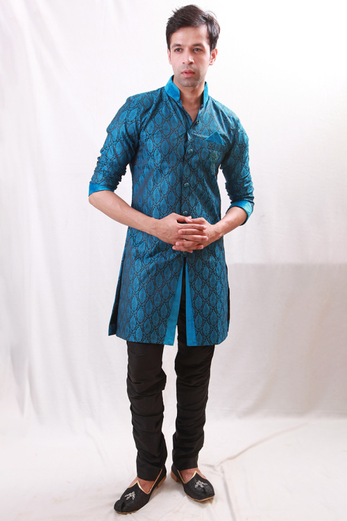 Woven Zari Brocade Sky Blue Men Sherwani