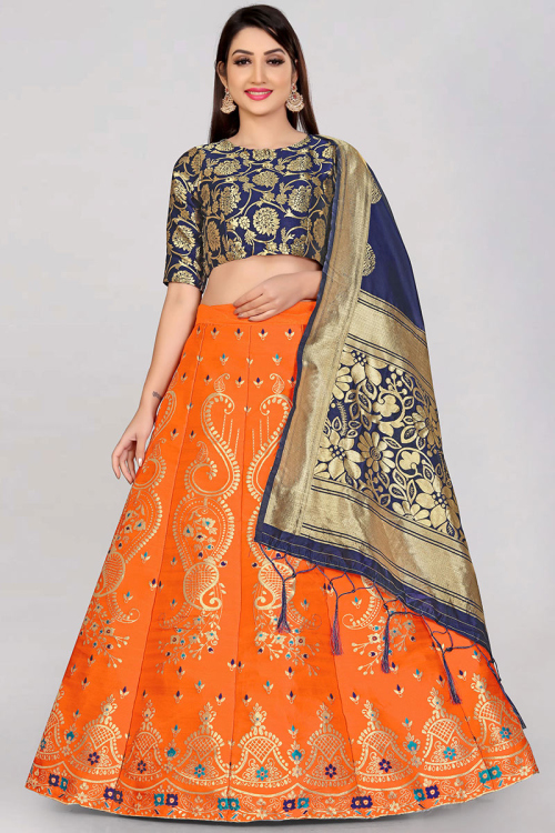 Woven Zari Carrot Orange Panelled Style Lehenga
